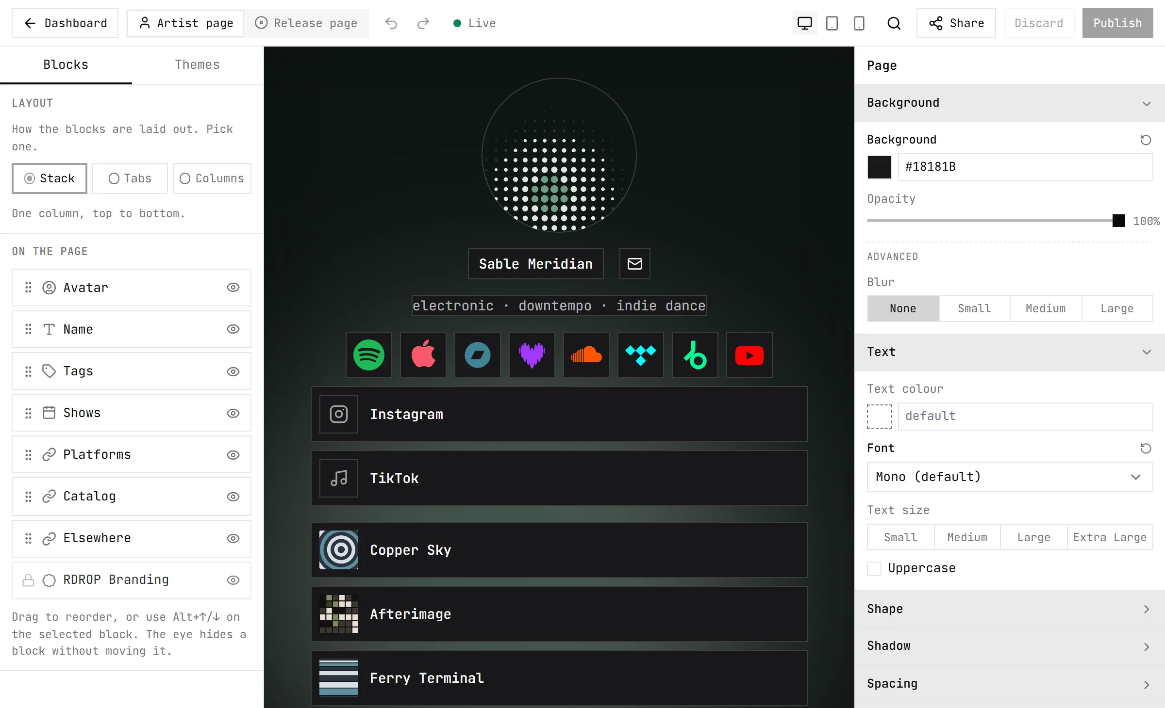 The appearance editor: a live preview of the artist page next to the block list and layout settings.