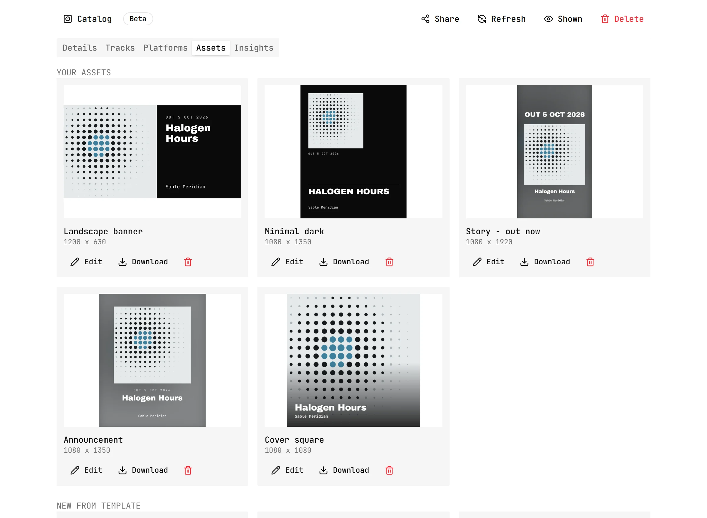 Generated release assets: a landscape banner, a story, an announcement and a cover square, all made from the release artwork.