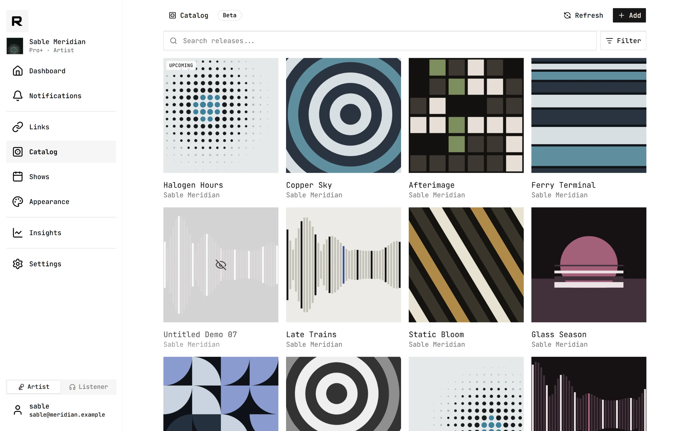 The catalog: a grid of releases with cover art, an upcoming release badge and one hidden release.