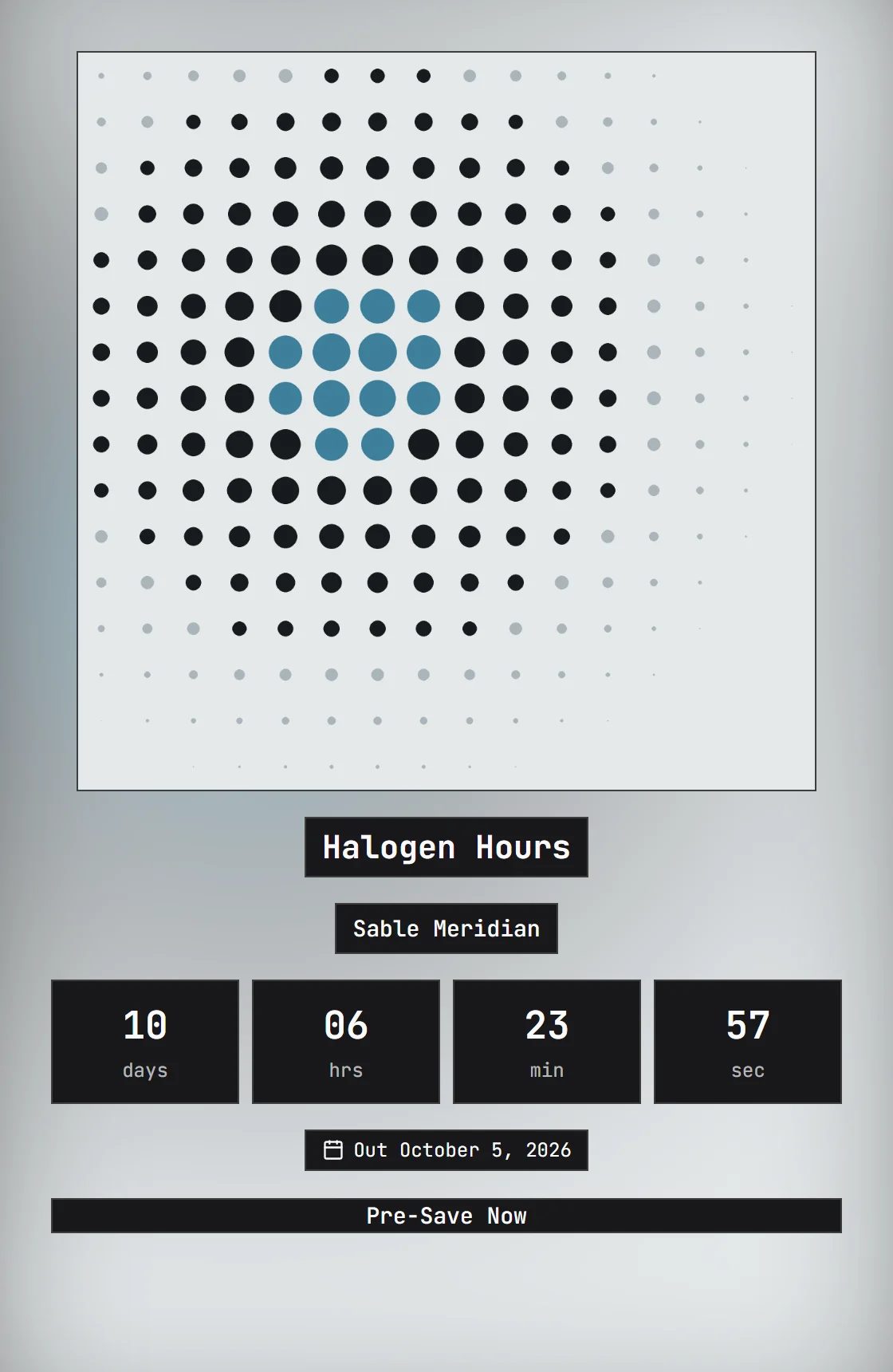 A release countdown page: cover art, title, a live days-hours-minutes-seconds timer, the release date and a pre-save button.