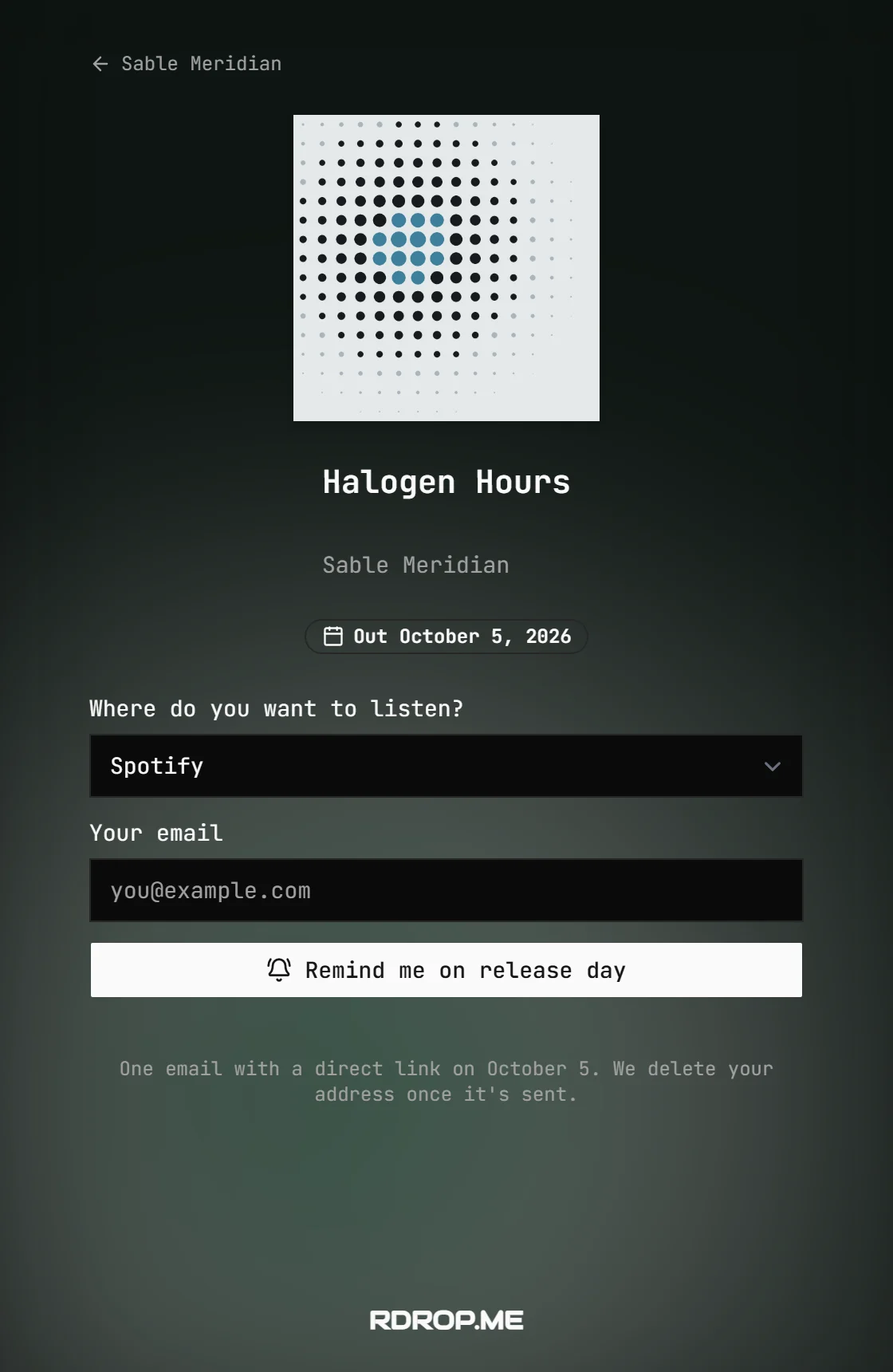 The public pre-save page of an upcoming release, where fans leave an email address and pick their streaming service.