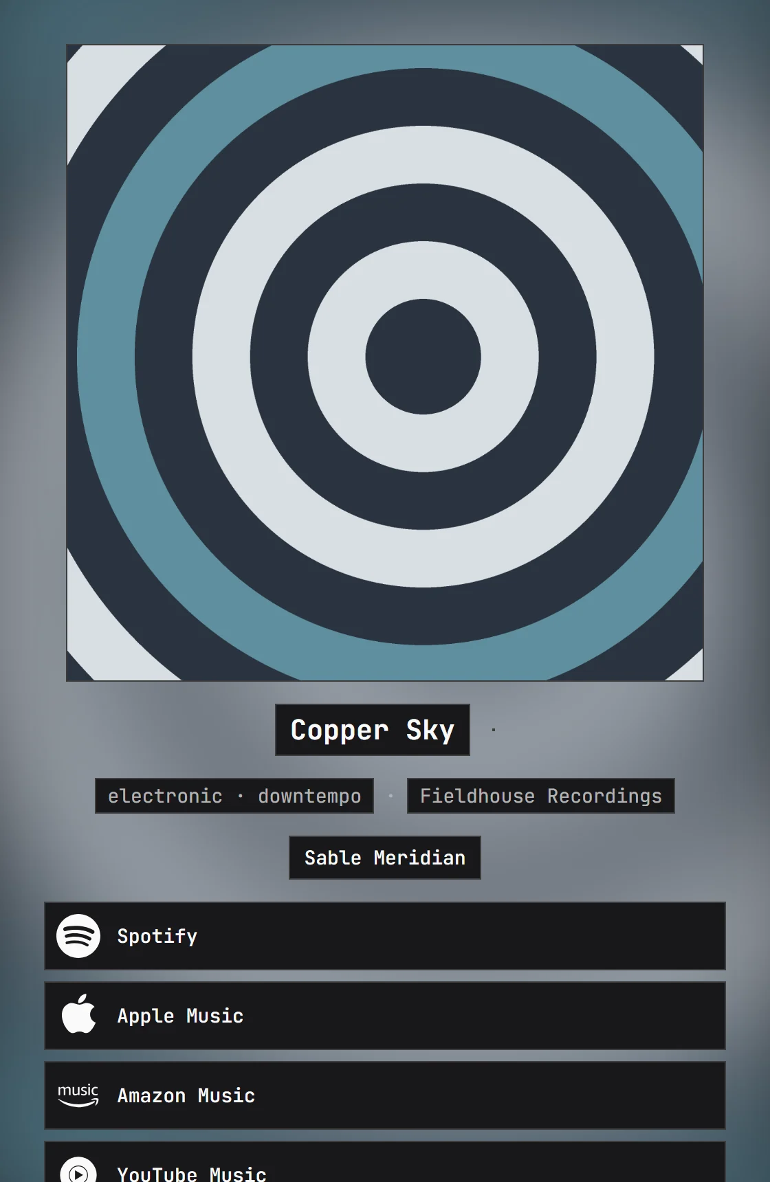 A public release page: cover art, title, genres and one button per streaming platform.